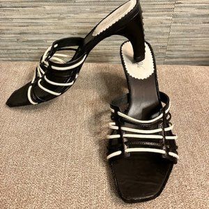 VIS A' VIE  Black & White Leather Strappy Sandals - Size 7M - Brass Studded Heel